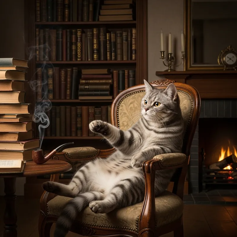 Curious Grey Striped Cat Playing with Smoking Pipe in Cozy Setting