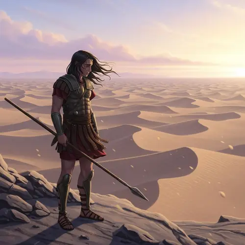 Sorrowful Young Hellenic Warrior | Desert Landscape at Dawn