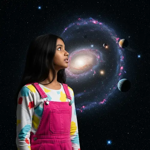 Captivated South Asian Girl in Colorful Jumper Gazing at Starlit Cosmos