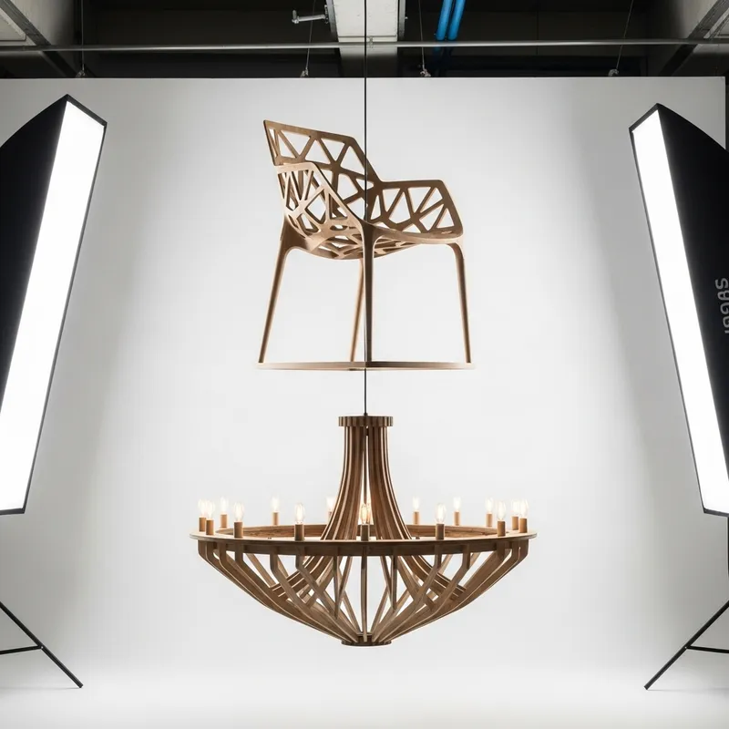 Parametric Wooden Chair and Chandelier in Photography Studio