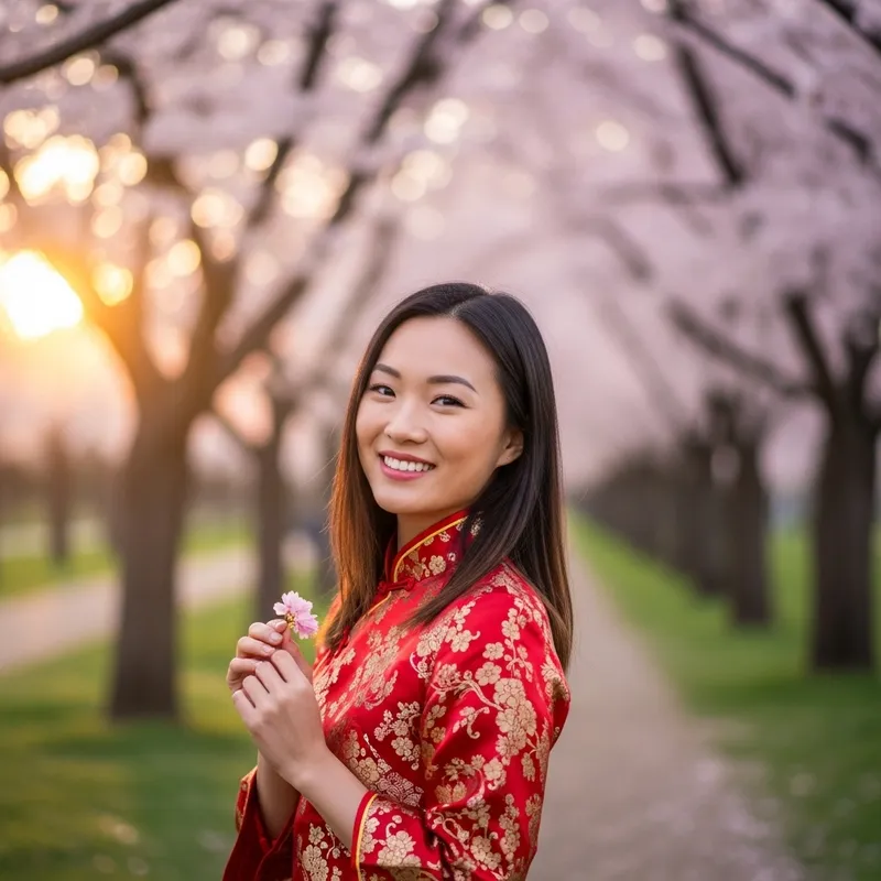 Radiant Asian Woman in Red and Gold Dress