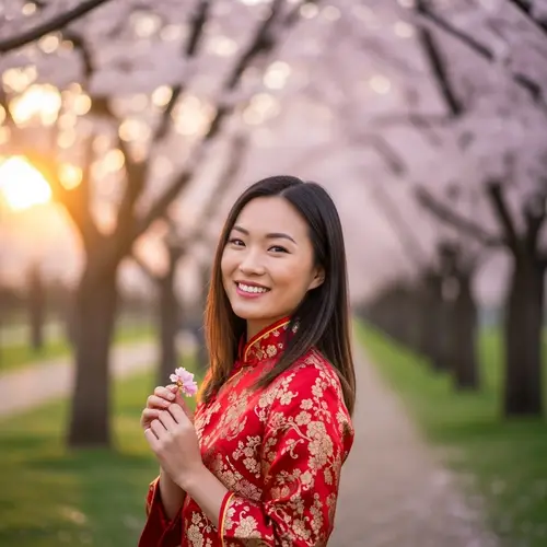 Elegant Asian Woman in Traditional Red and Gold Dress