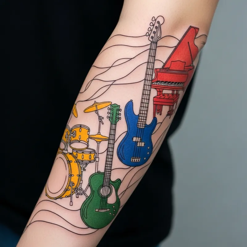 Colorful Thin-Line Musical Instrument Tattoos