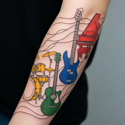 Colorful Thin-Line Musical Instrument Tattoos