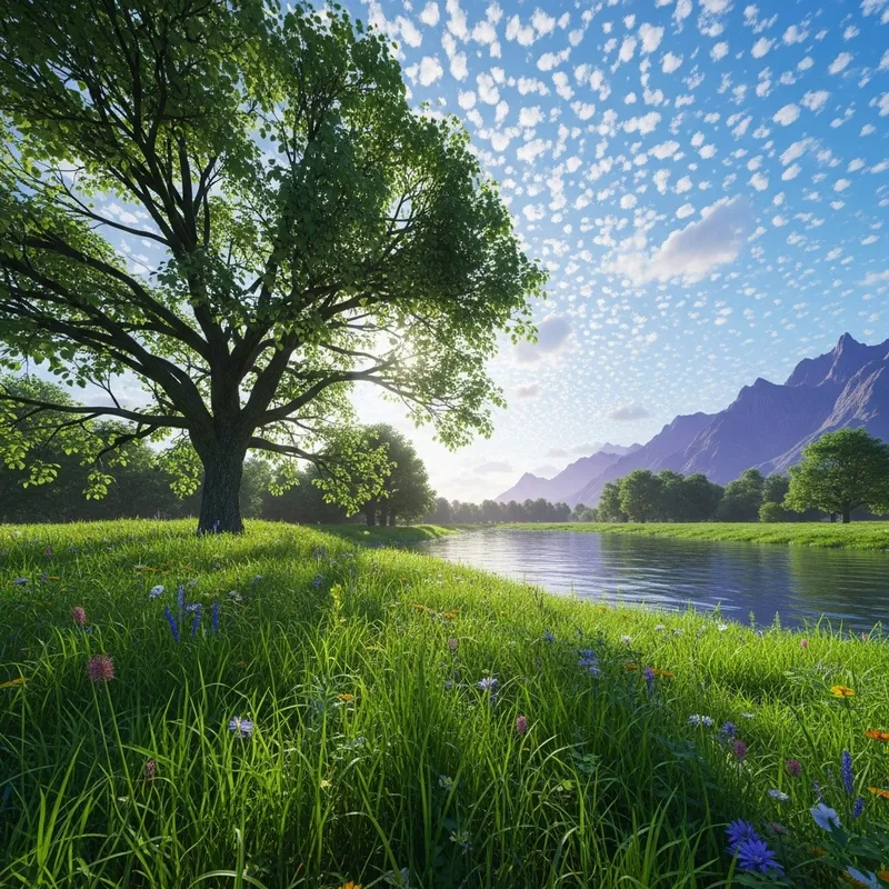 Tranquil Landscape with Majestic Tree, River, and Mountains | Nature Photography