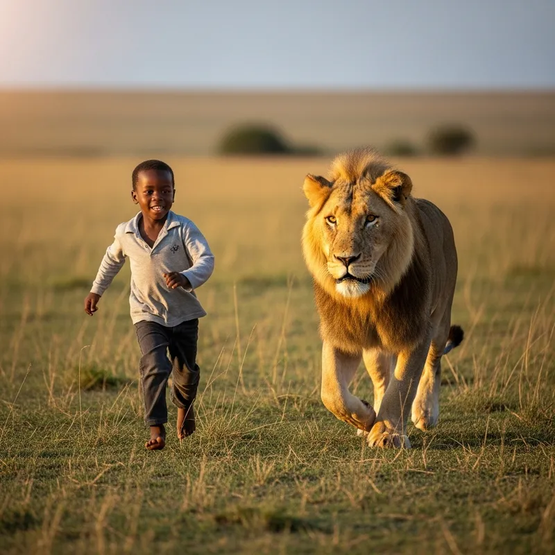 Black Boy Playfully Chasing Lion