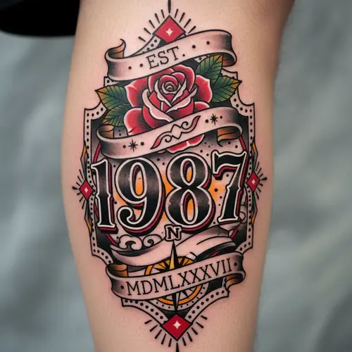 Neotraditional Style Leg Tattoo with Numbers