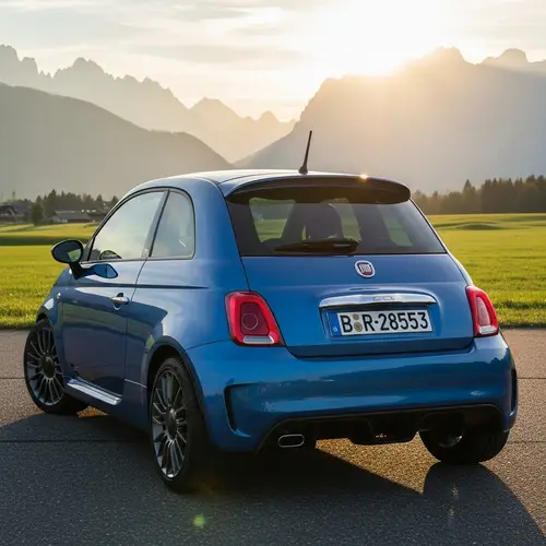 Blue Fiat 500 Sports Car Back View in Majestic Natural Landscape