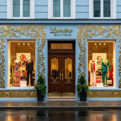 Stylish Clothing Store with Blue & Gold Facade | Latest Fashion Trends
