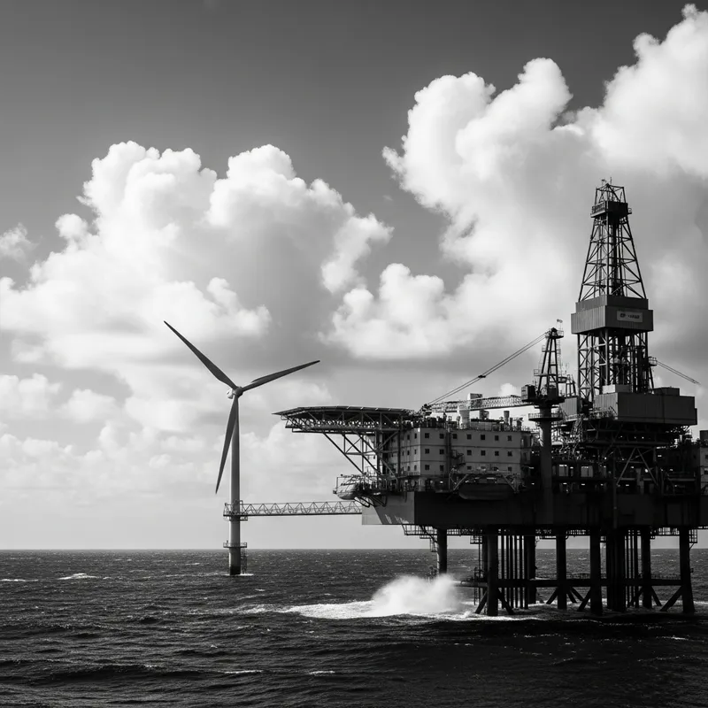 Oil Drilling Platform at Sea with Wind Turbine | High Contrast Scene