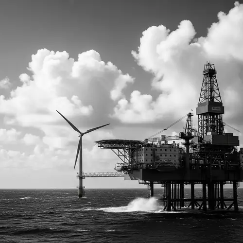 Sea Oil Drilling Platform with Wind Turbine | High Contrast Scene
