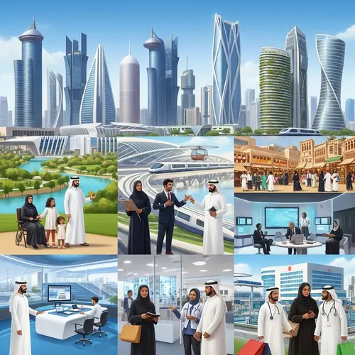 Optimistic Future Illustration for Qatari Citizens | Diverse Prosperous Life Scenes