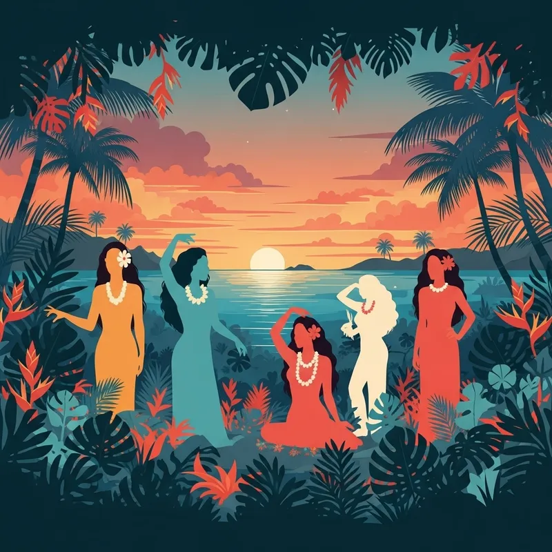 Graceful Polynesian Women in Vibrant Minimalism