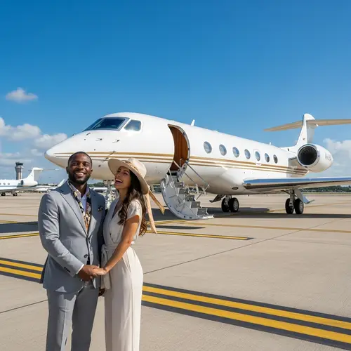 Luxury Private Jet Adventure with Happy Black Man and Hispanic Woman