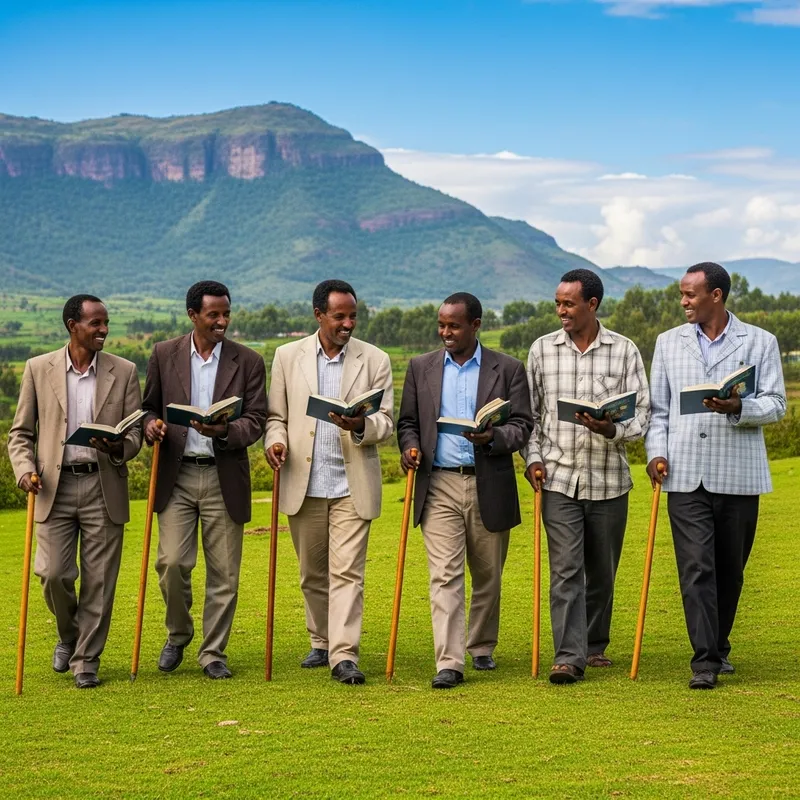 Ethiopian Pop Group Walking with Books and Church Sticks in Beautiful Scenery