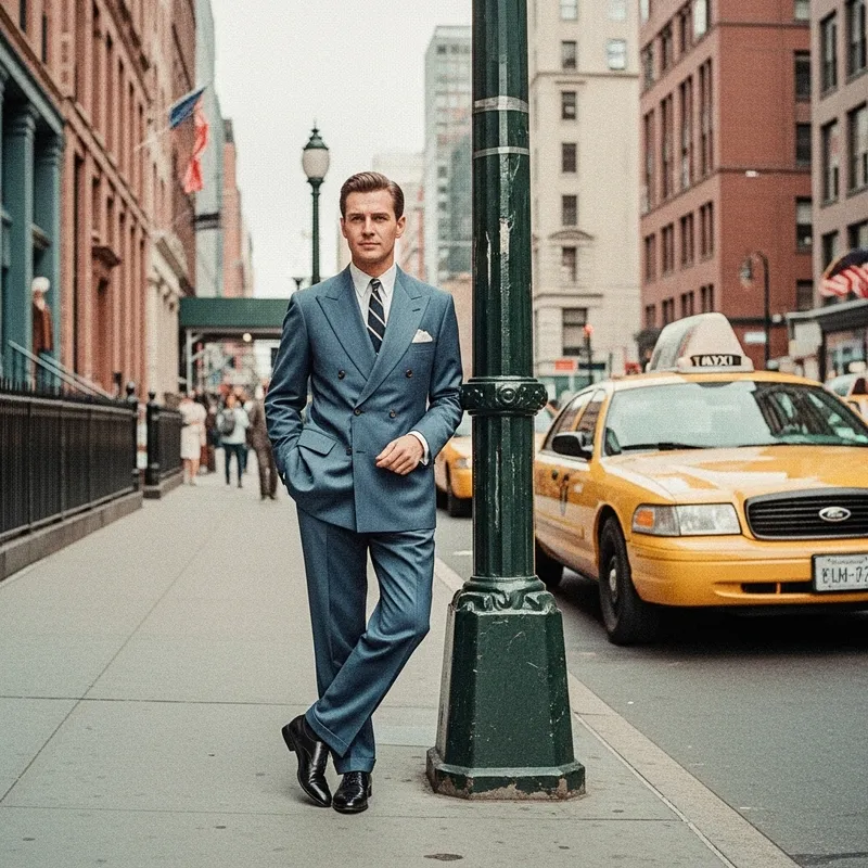 Nostalgic Gentleman in Elegant Blue Suit on Metropolitan Street