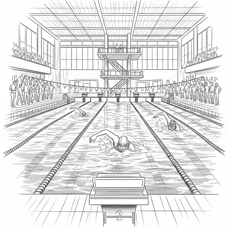 Architectural Pencil Sketch of Swimming Sport Scene Architectural Pencil Sketch of Swimming Sport Scene