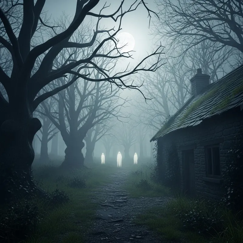 Scary English Folklore: Moonlit Path in Misty Forest