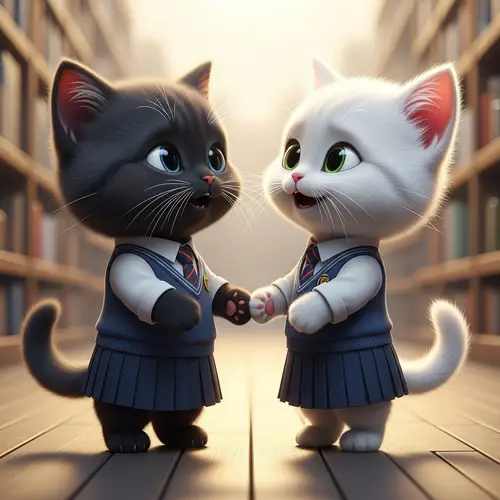 Realistic Animated British and White Cats in School Uniform