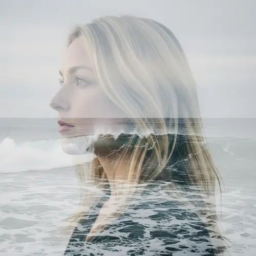 Blonde Lady Double Exposure Ocean Waves Image