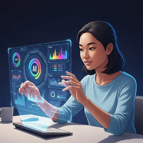 Diverse Gender Asian Individual Analyzing Colorful Charts with AI