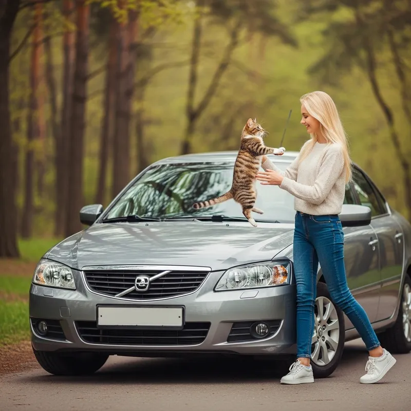 Blonde Girl and Cat Play in Woodland by Grey Sedan Blonde Girl and Cat Play in Woodland by Grey Sedan