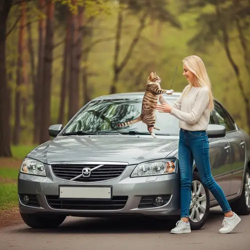 Blonde Girl and Cat Play in Woodland by Grey Sedan