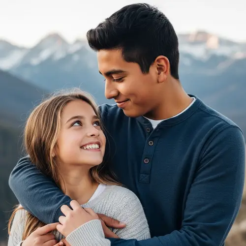 Blonde-Brunette Girl Embracing Tall Hispanic Boy with Snow-Capped Mountains in Background