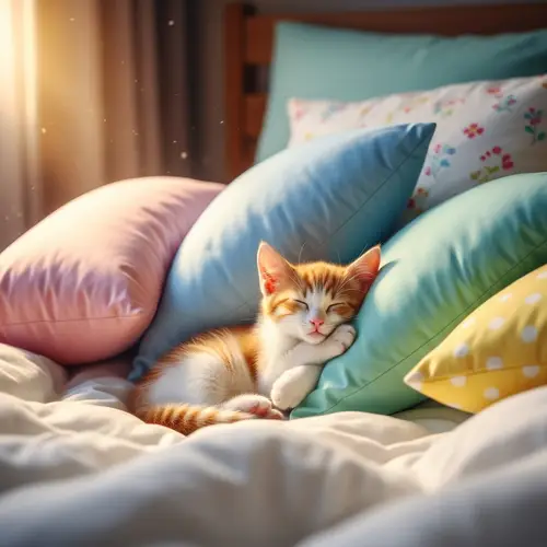 Sleeping Kitten Surrounded by Colorful Pillows on Plush Bed