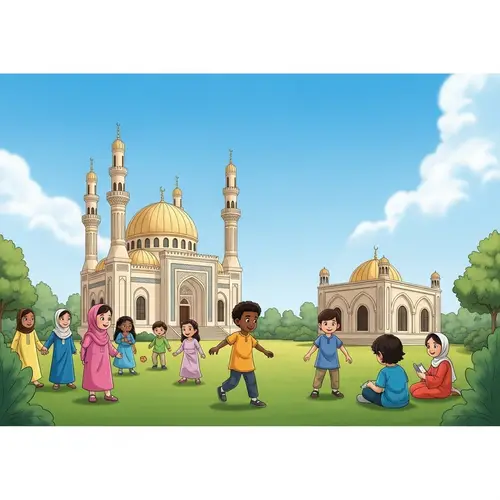 Diverse Kids Playing in Tranquil Garden Near Stunning Mosque