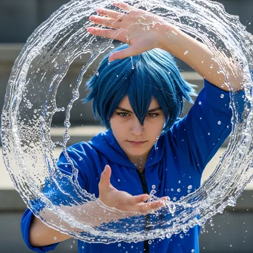 Blue Hair Boy Mastering Water Control in Realistic Design