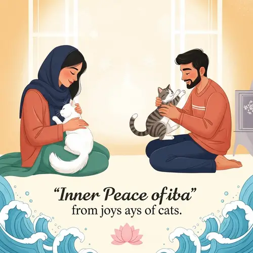 Tranquil Cat Bonding: Inner Peace Poster with Middle-Eastern Woman & South Asian Man