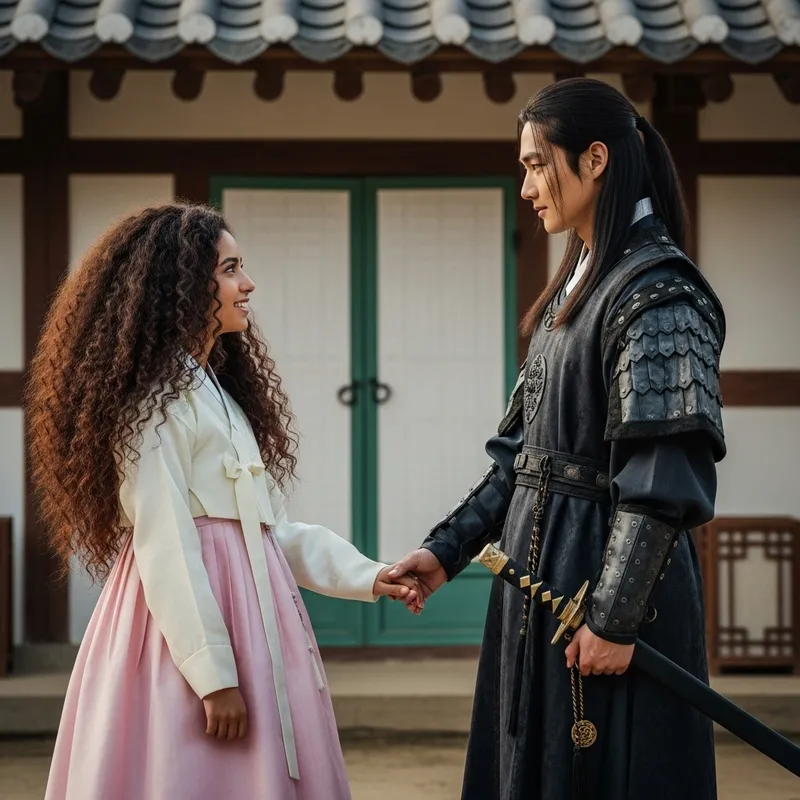 Italian-Dominican Girl in Hanbok at Joseon Dynasty House with Korean Soldier