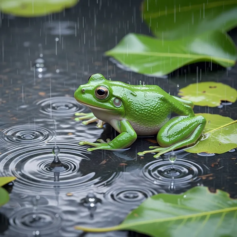 Jelly-Like Green Frog in Enchanting Rain Scene