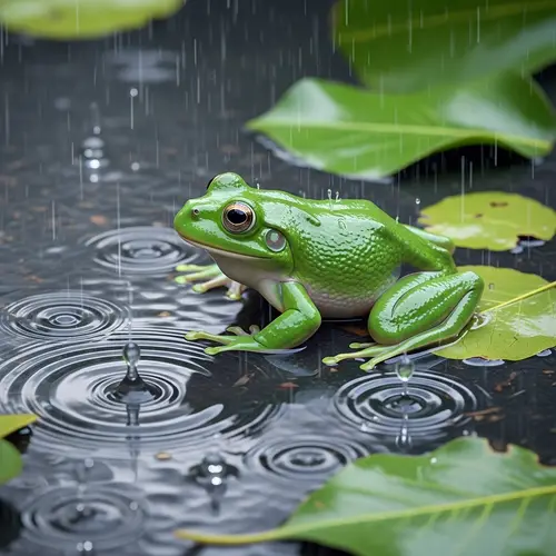 Green Frog in Rain: Enchanting Amphibious Scene