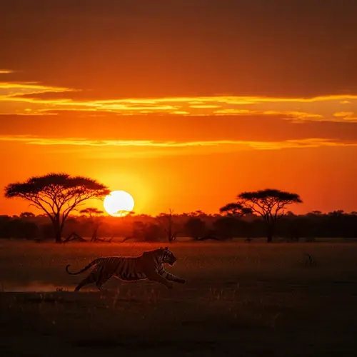 Breathtaking Sunset Over Savannah with Intense Tiger Sprint
