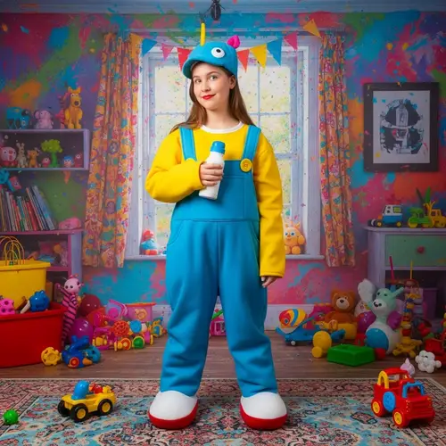 Playful Teen in Oversized Outfit with Toys