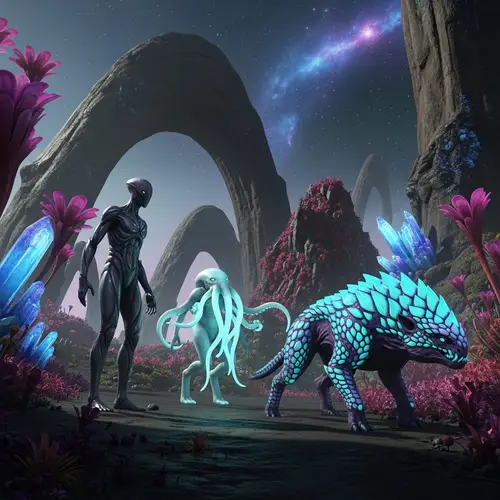Imaginary Alien Creatures in Surreal Extraterrestrial Environment