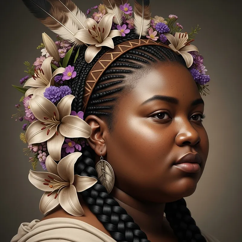 Realistic Antique Black Woman, Purple Flowers, Native Feathers Realistic Antique Black Woman, Purple Flowers, Native Feathers