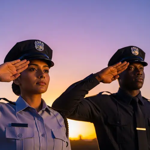 Diverse Officers Saluting at Sunsetting Sky