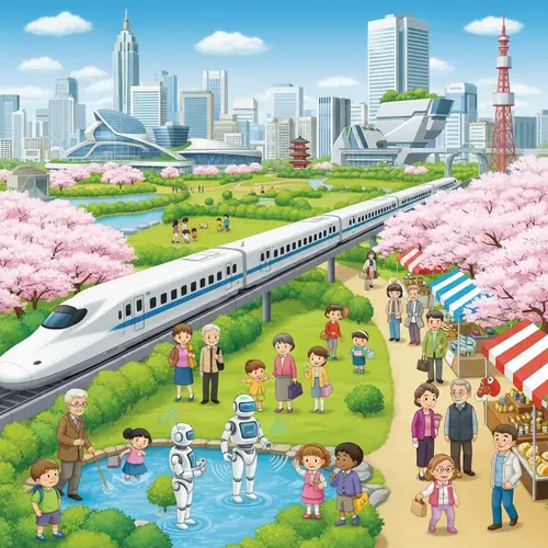 Bright Future of Japan: Advanced Technology, Green Landscapes, and Harmony