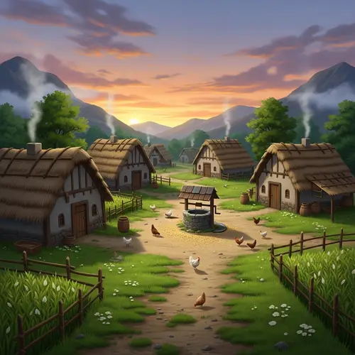 Tranquil Village Scene with Thatched Huts and Chickens