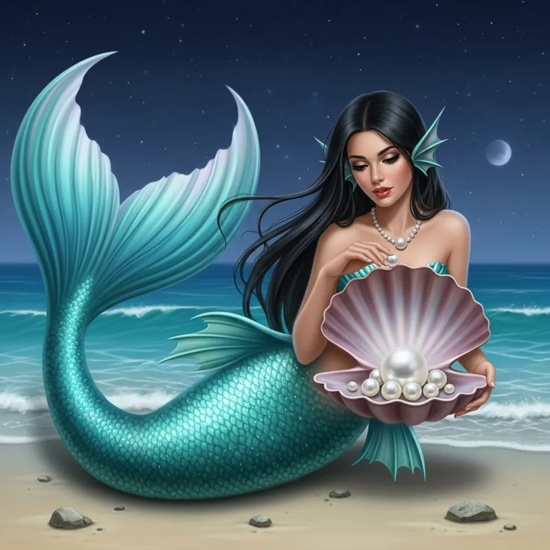 Enchanting Mermaid with Pearls at Seashore