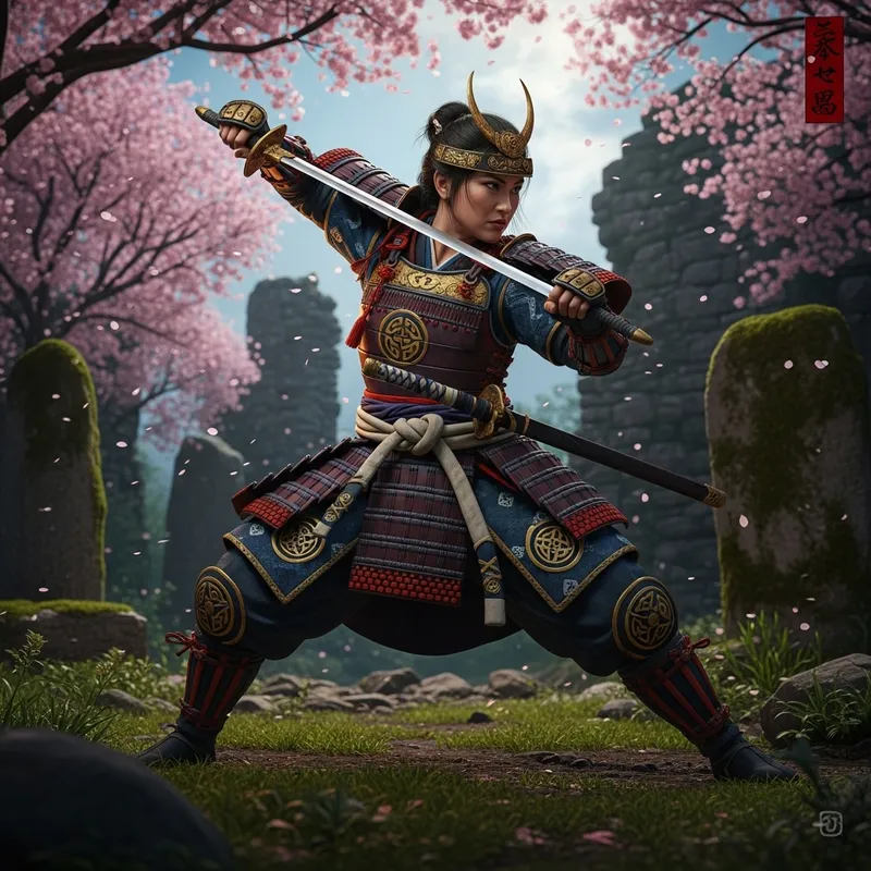 Epic Japanese Celtic Warrior in Samurai Armor and Celtic Symbols