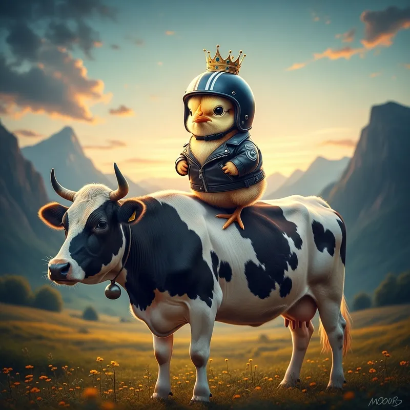 Cute Chick in Biker Jacket and Helmet on Cow | Dream Landscape Cute Chick in Biker Jacket and Helmet on Cow | Dream Landscape