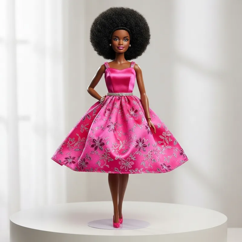 Stylish Curvy Black Barbie Doll with African Hairstyle & Pink Party Dress
