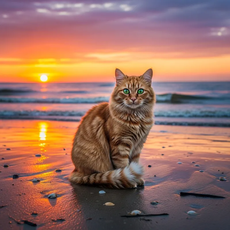 Cat on Seashore: Serene Coastal Scene