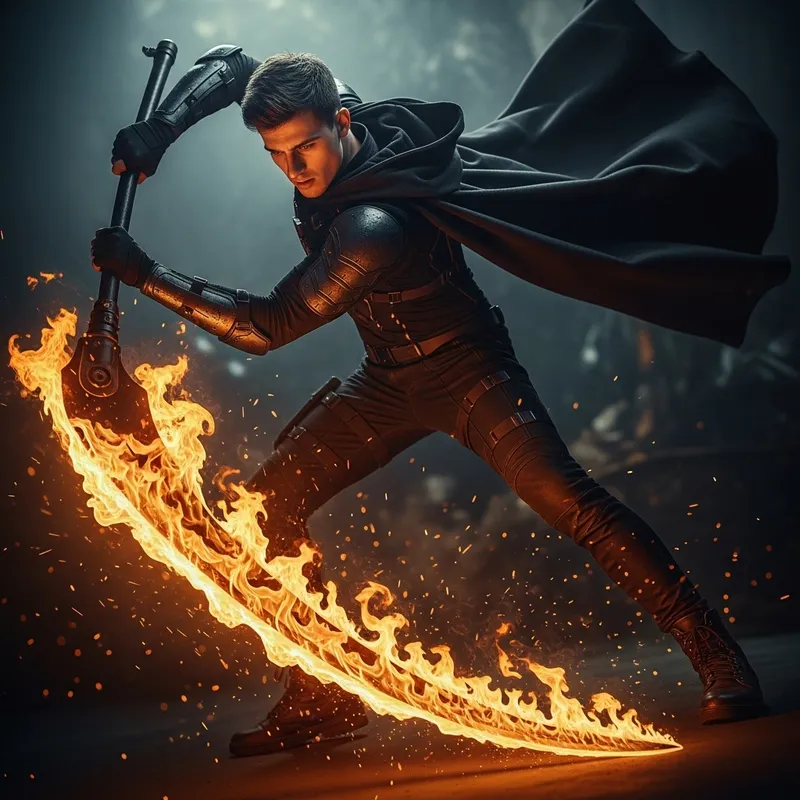 Flaming Scythe Young Man Slashing Fire Downwards