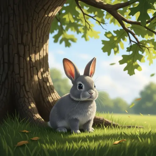 Adorable Gray Bunny Sitting on Green Grass Under Oak Tree