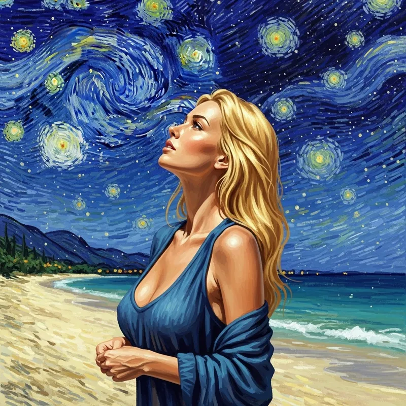 Van Gogh Style Tropical Beach with Stunning Blonde Woman Van Gogh Style Tropical Beach with Stunning Blonde Woman